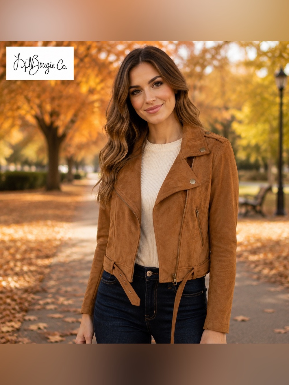 Sage The Label Women’s Size Small Cognac Faux Suede Moto Jacket Belted Cropped